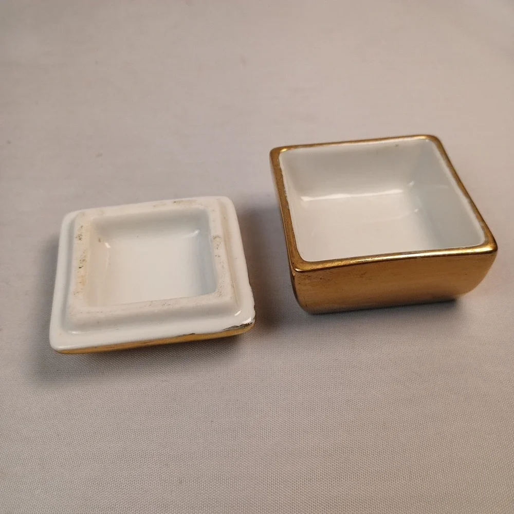 Fitz And Floyd Vintage Miniature Trinket Box, Gold Color Fine Porcelain